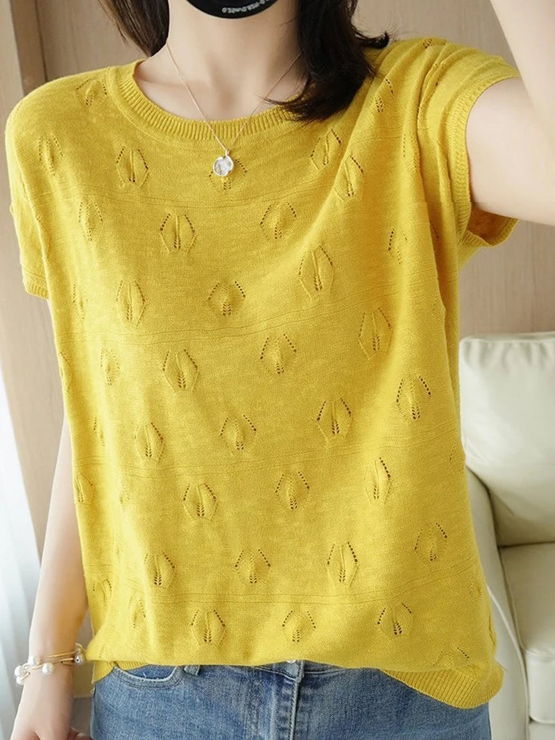 Summer Short Sleeve Women Knitted Thin Sweater Female Hollow Out O-Neck Pullover Top Ladies Solid Loose Casual Jumpers