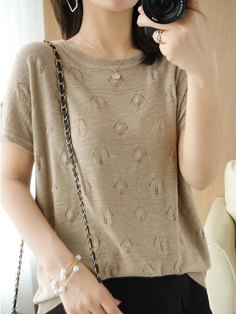 Summer Short Sleeve Women Knitted Thin Sweater Female Hollow Out O-Neck Pullover Top Ladies Solid Loose Casual Jumpers