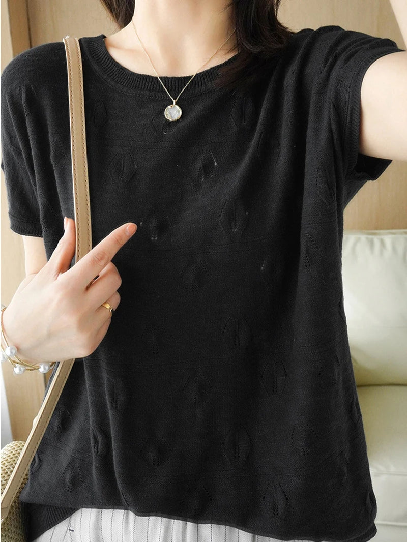 Summer Short Sleeve Women Knitted Thin Sweater Female Hollow Out O-Neck Pullover Top Ladies Solid Loose Casual Jumpers