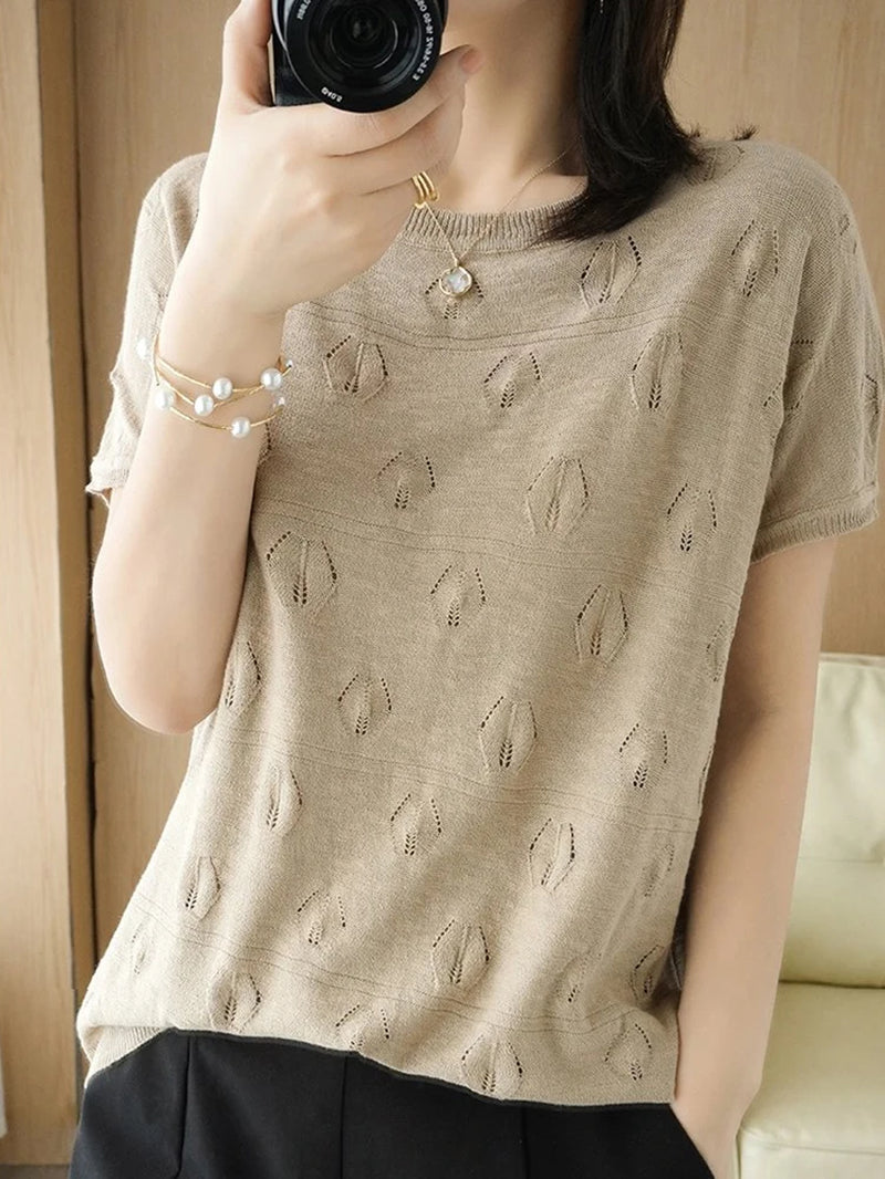 Summer Short Sleeve Women Knitted Thin Sweater Female Hollow Out O-Neck Pullover Top Ladies Solid Loose Casual Jumpers