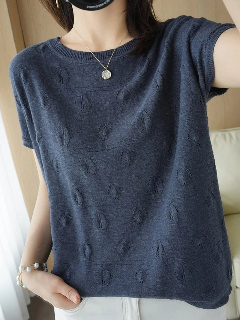 Summer Short Sleeve Women Knitted Thin Sweater Female Hollow Out O-Neck Pullover Top Ladies Solid Loose Casual Jumpers