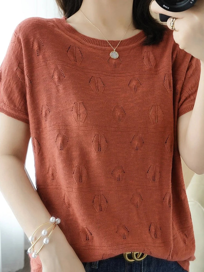 Summer Short Sleeve Women Knitted Thin Sweater Female Hollow Out O-Neck Pullover Top Ladies Solid Loose Casual Jumpers