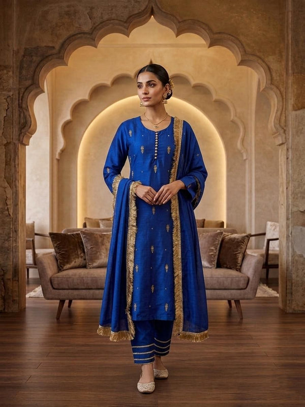 Premium Raw Silk Long Shirt with Handwork & Dupatta Set