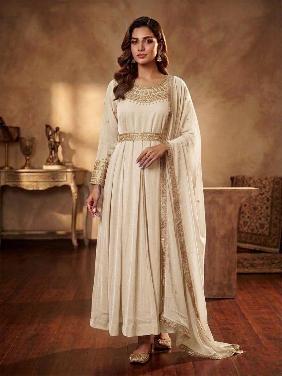 Chiffon Handwork Long Frock with Chiffon Dupatta & Malai Trouser | Elegant Festive Wear for Women