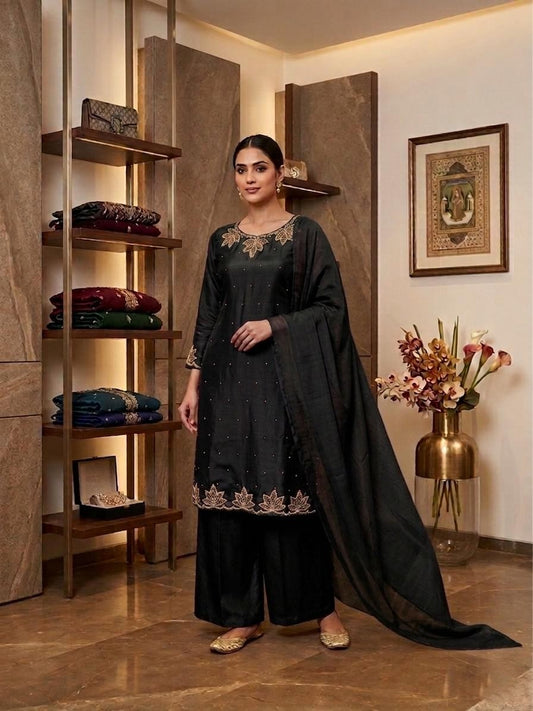 Elegant Silk Suit with Handwork Embroidery & Palazzo