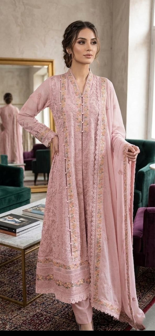 Elegant Chiffon Embroidered 3 Piece Frock – Luxury Formal Wear for Women