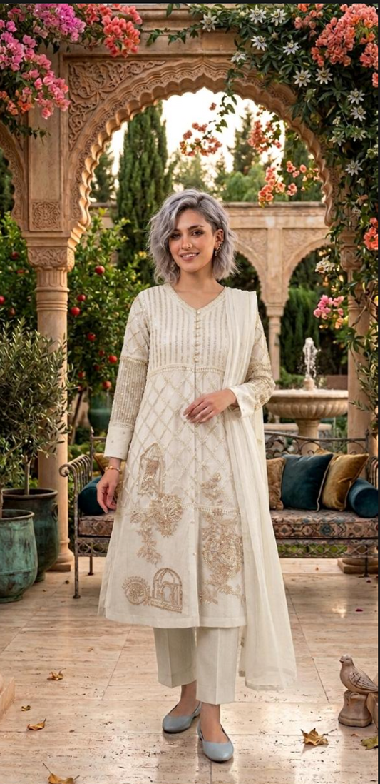 Elegant Ivory Organza Handwork Embroidered Frock 3 Piece Suit for Women