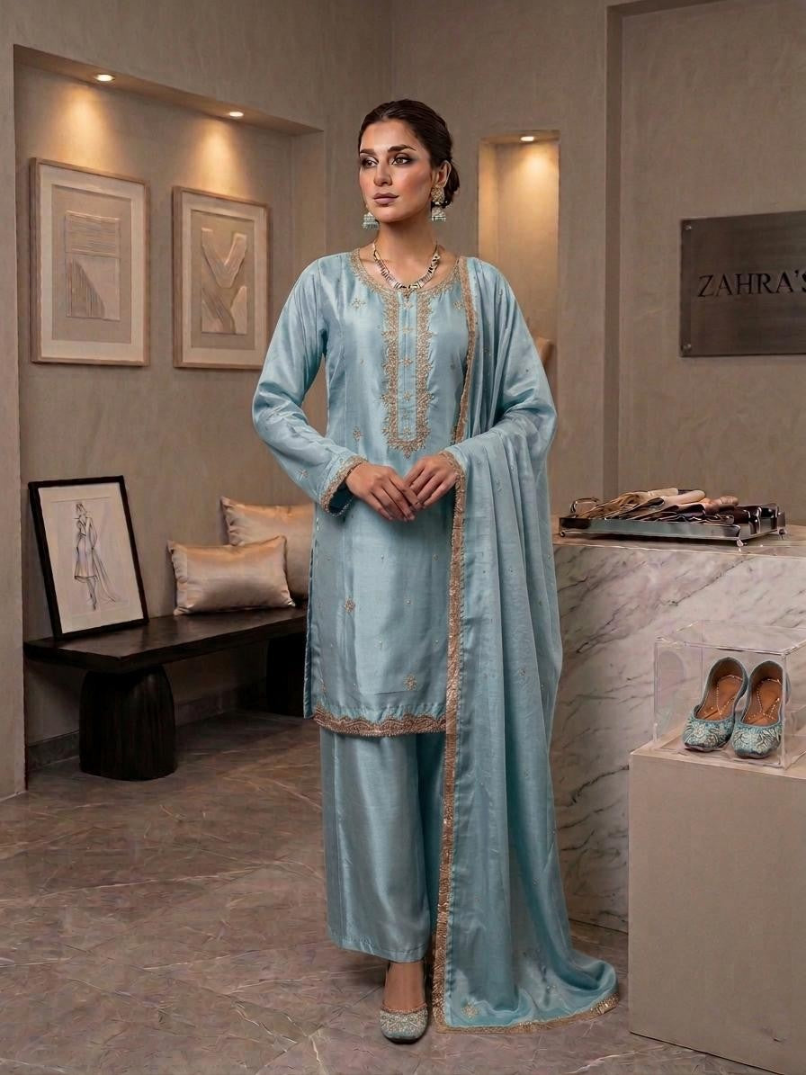 Silk Fabric Handwork Kurta Set with Chiffon Dupatta & Silk Palazzo | Elegant Ethnic Wear for Women
