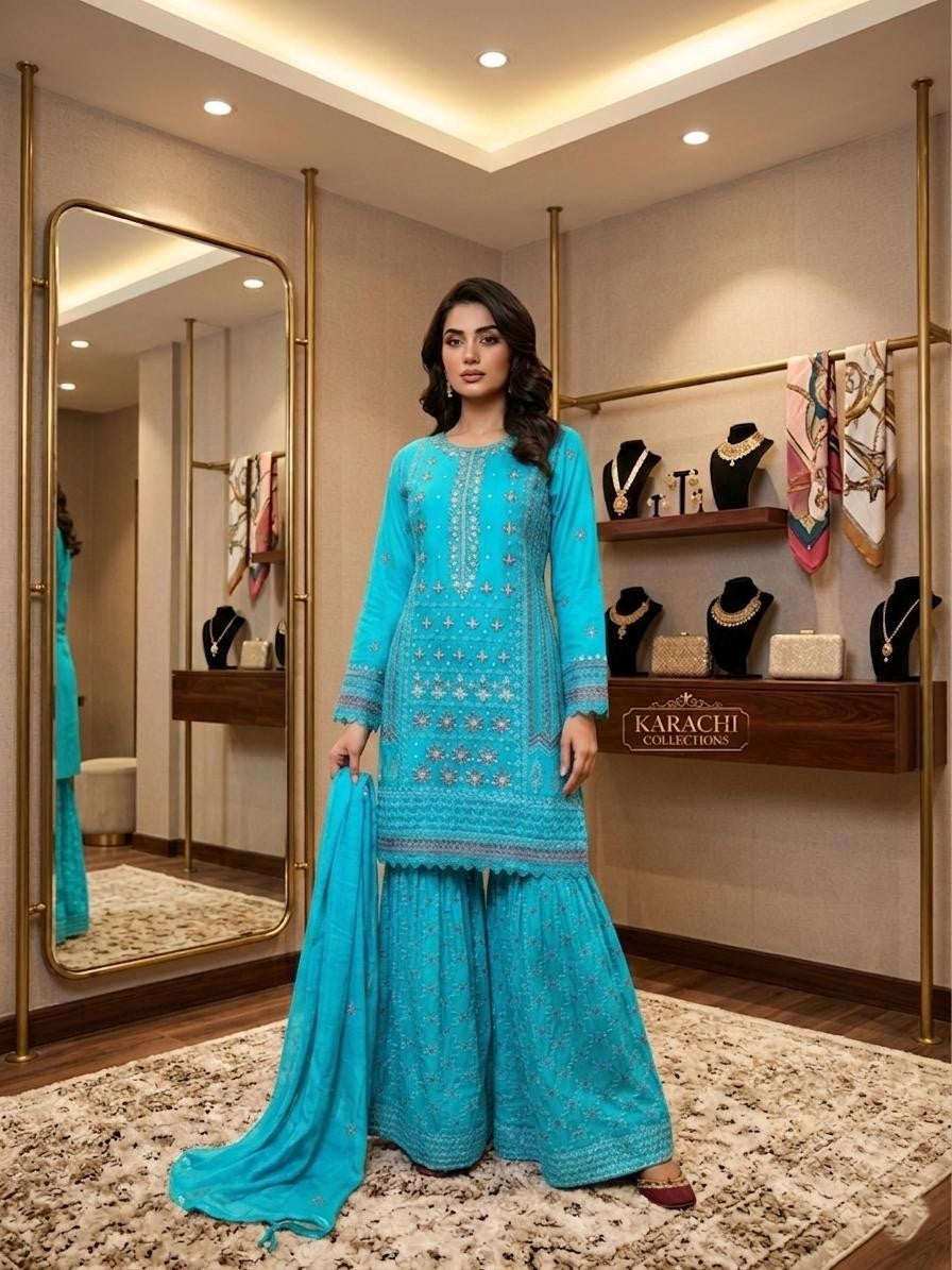 Elegant Chiffon Gharara Suit with Embroidered Dupatta – Festive Wear