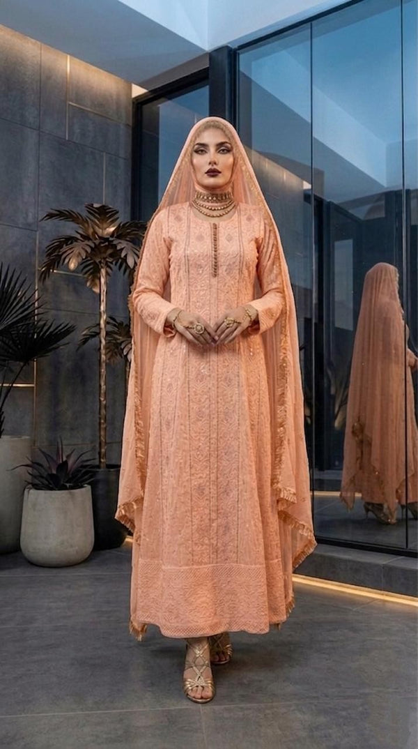 Luxury Chiffon Maxi Dress with Heavy Embroidery & Dupatta