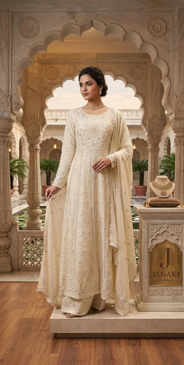Elegant Ivory Chiffon Maxi Dress with Embroidered Detailing & Dupatta