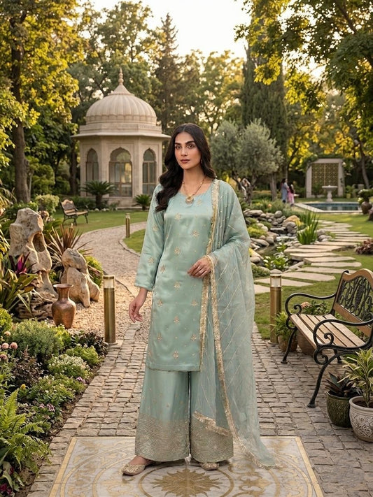 Elegant Ivory Silk Embroidered Suit with Embroidered Dupatta – Festive & Wedding Wear\