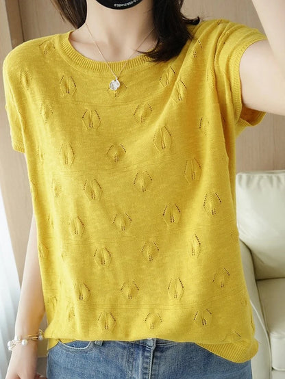 Summer Short Sleeve Women Knitted Thin Sweater Female Hollow Out O-Neck Pullover Top Ladies Solid Loose Casual Jumpers