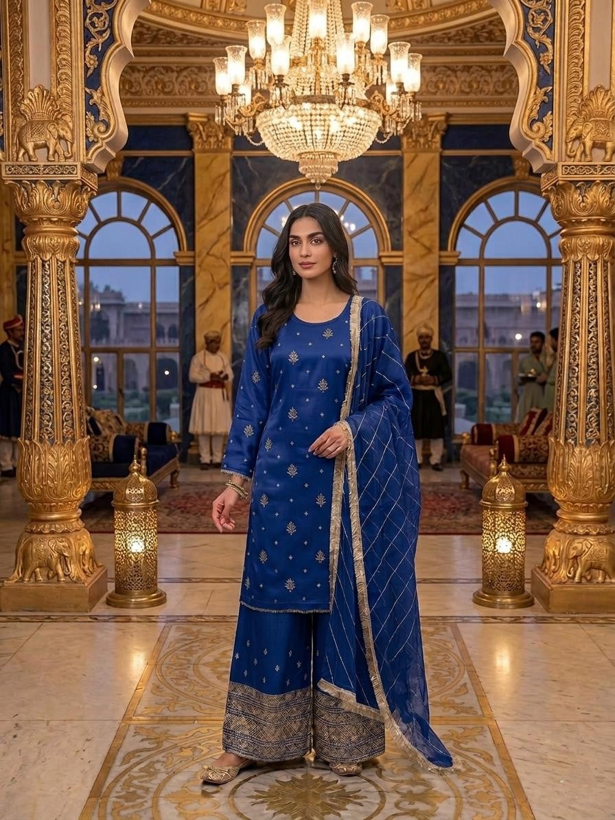 Elegant Ivory Silk Embroidered Suit with Embroidered Dupatta – Festive & Wedding Wear\
