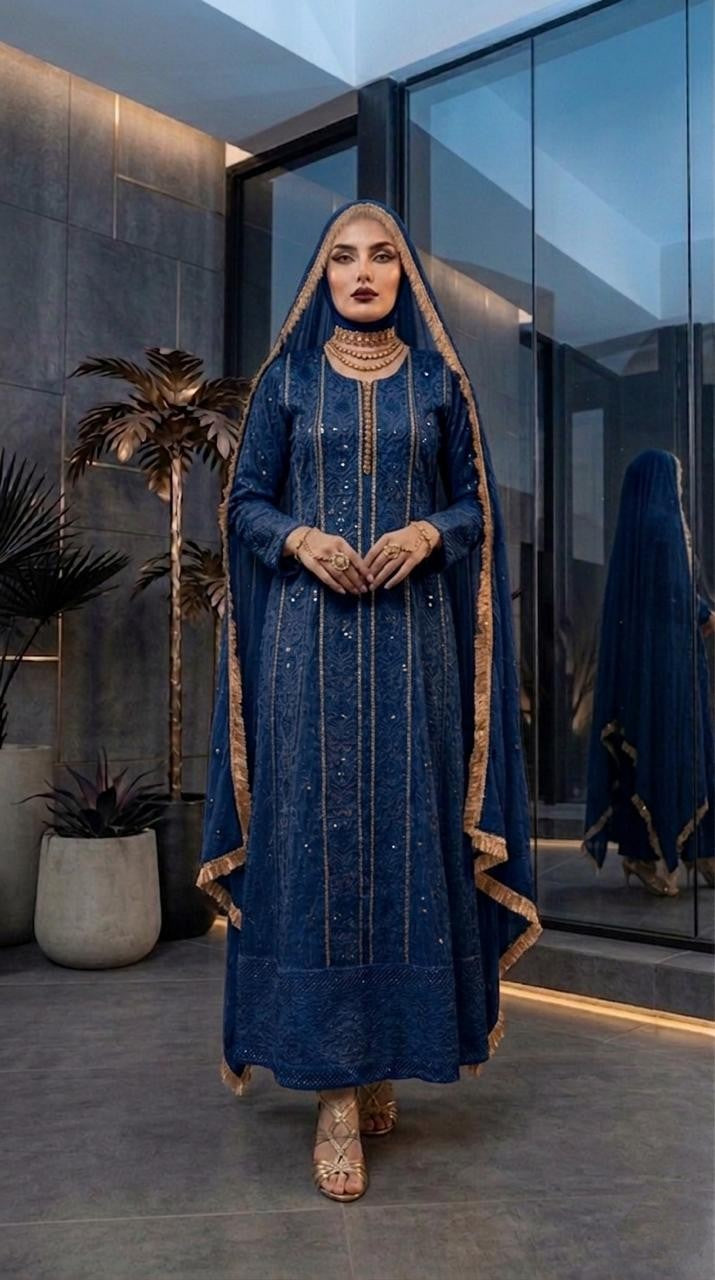 Luxury Chiffon Maxi Dress with Heavy Embroidery & Dupatta