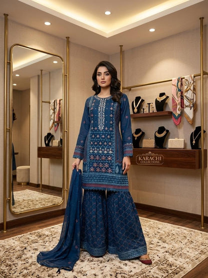 Elegant Chiffon Gharara Suit with Embroidered Dupatta – Festive Wear