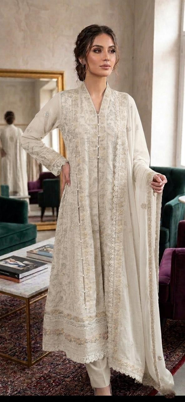 Elegant Chiffon Embroidered 3 Piece Frock – Luxury Formal Wear for Women