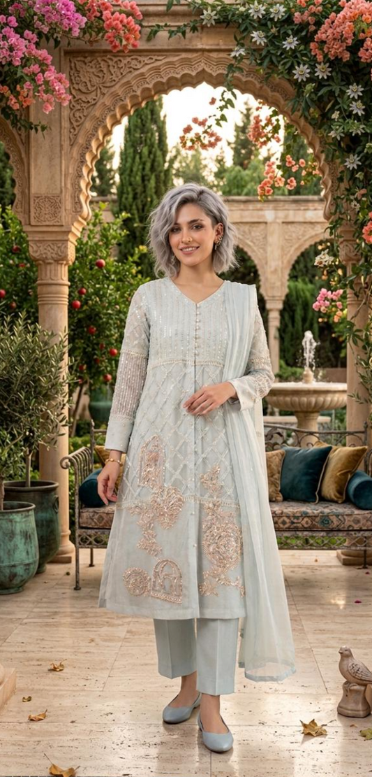 Elegant Ivory Organza Handwork Embroidered Frock 3 Piece Suit for Women