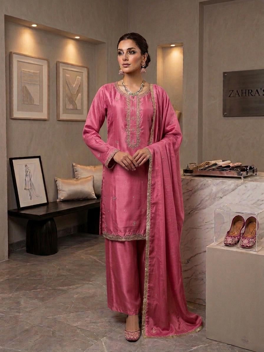 Silk Fabric Handwork Kurta Set with Chiffon Dupatta & Silk Palazzo | Elegant Ethnic Wear for Women