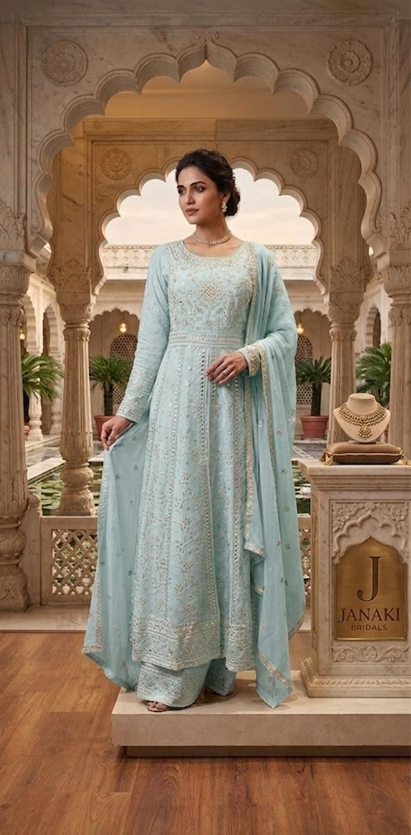 Elegant Ivory Chiffon Maxi Dress with Embroidered Detailing & Dupatta