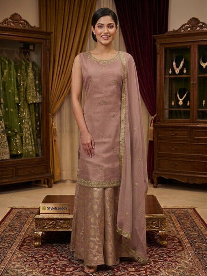 Elegant Embroidered Sleeveless Kurta Palazzo Set with Dupatta