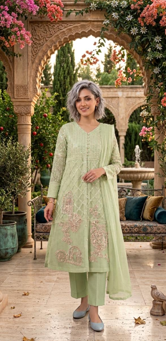 Elegant Ivory Organza Handwork Embroidered Frock 3 Piece Suit for Women