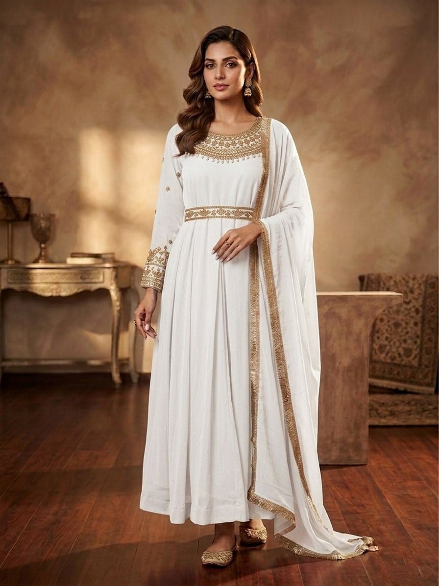 Chiffon Handwork Long Frock with Chiffon Dupatta & Malai Trouser | Elegant Festive Wear for Women