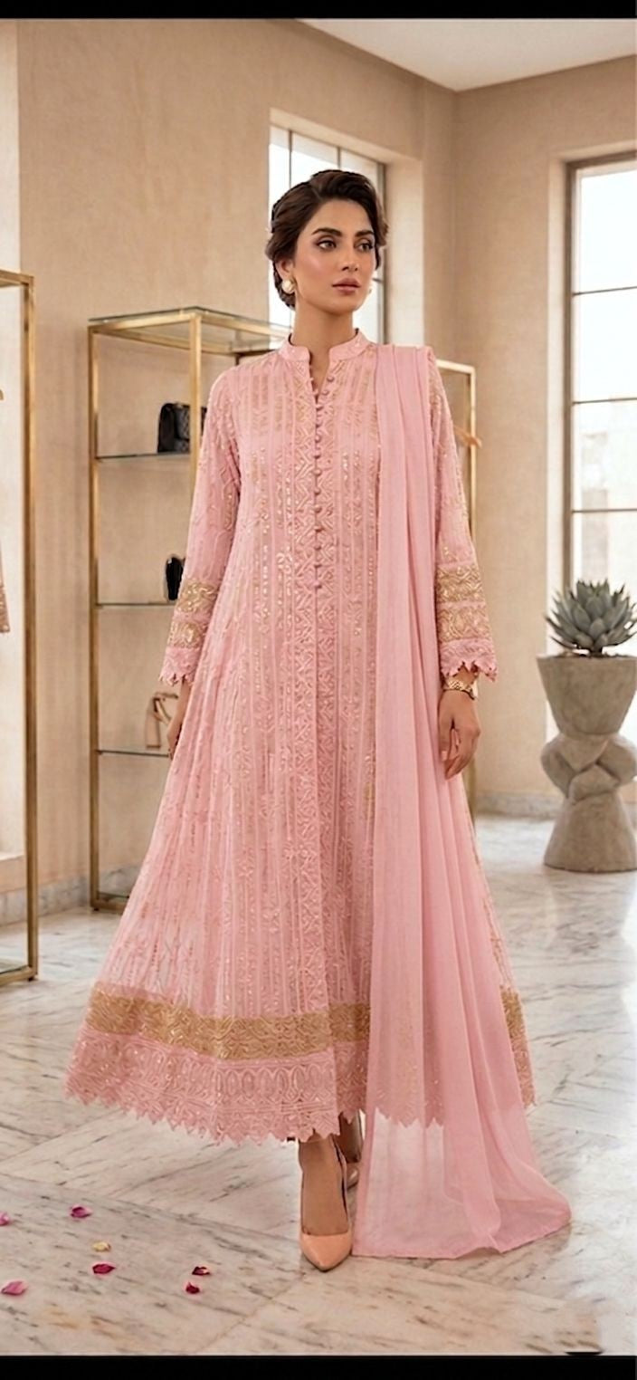 Elegant Chiffon Embroidered Maxi Dress – 3 Piece Formal Suit for Women