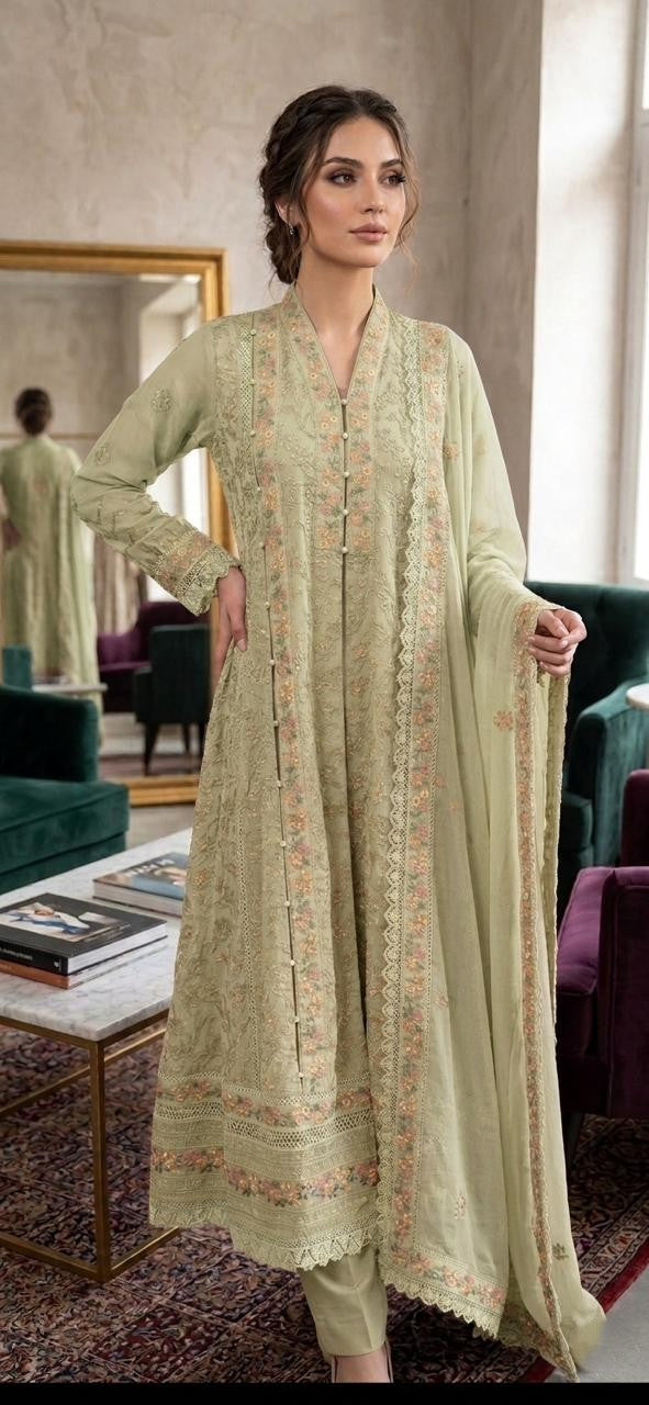 Elegant Chiffon Embroidered 3 Piece Frock – Luxury Formal Wear for Women