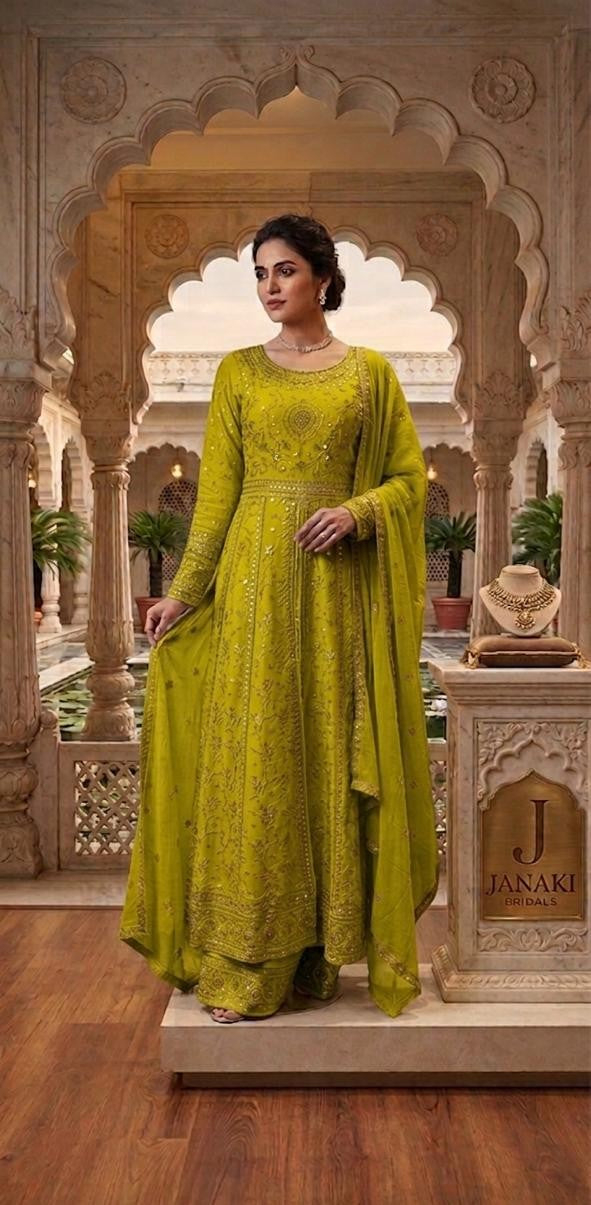 Elegant Ivory Chiffon Maxi Dress with Embroidered Detailing & Dupatta