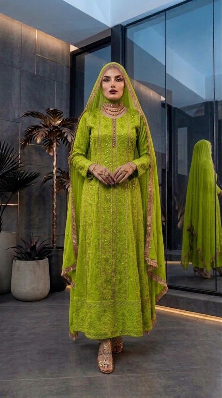 Luxury Chiffon Maxi Dress with Heavy Embroidery & Dupatta