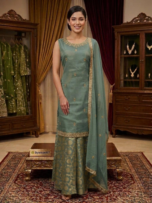 Elegant Embroidered Sleeveless Kurta Palazzo Set with Dupatta