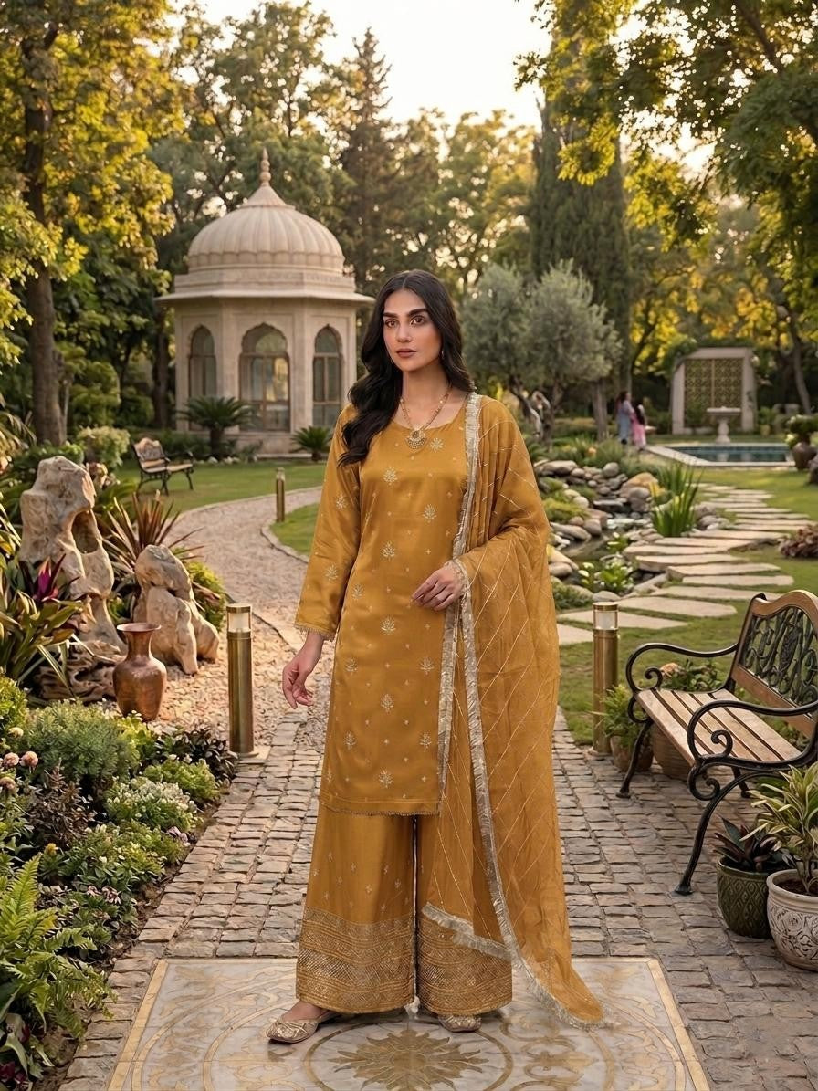 Elegant Ivory Silk Embroidered Suit with Embroidered Dupatta – Festive & Wedding Wear\