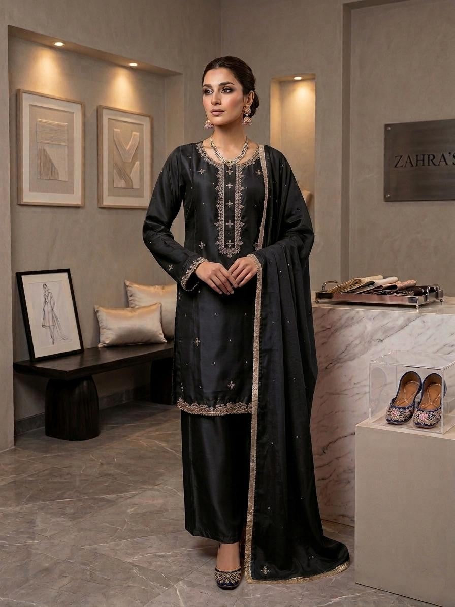 Silk Fabric Handwork Kurta Set with Chiffon Dupatta & Silk Palazzo | Elegant Ethnic Wear for Women