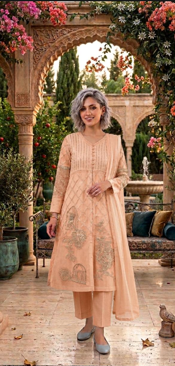 Elegant Ivory Organza Handwork Embroidered Frock 3 Piece Suit for Women