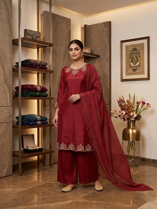 Elegant Silk Suit with Handwork Embroidery & Palazzo