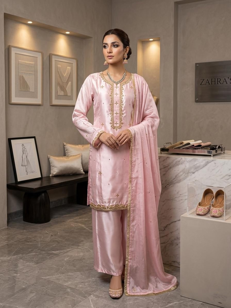 Silk Fabric Handwork Kurta Set with Chiffon Dupatta & Silk Palazzo | Elegant Ethnic Wear for Women