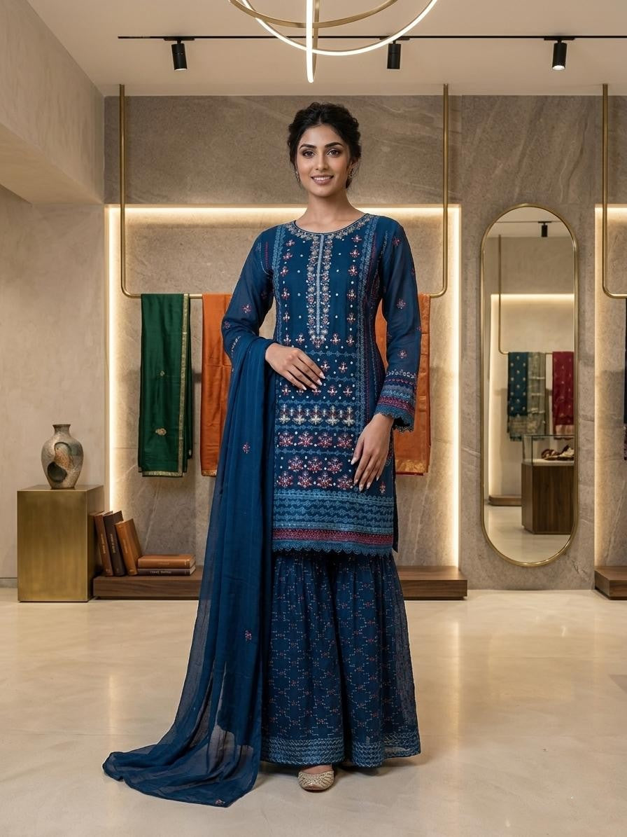 Elegant Chiffon Gharara Suit with Embroidered Dupatta – Festive Wear