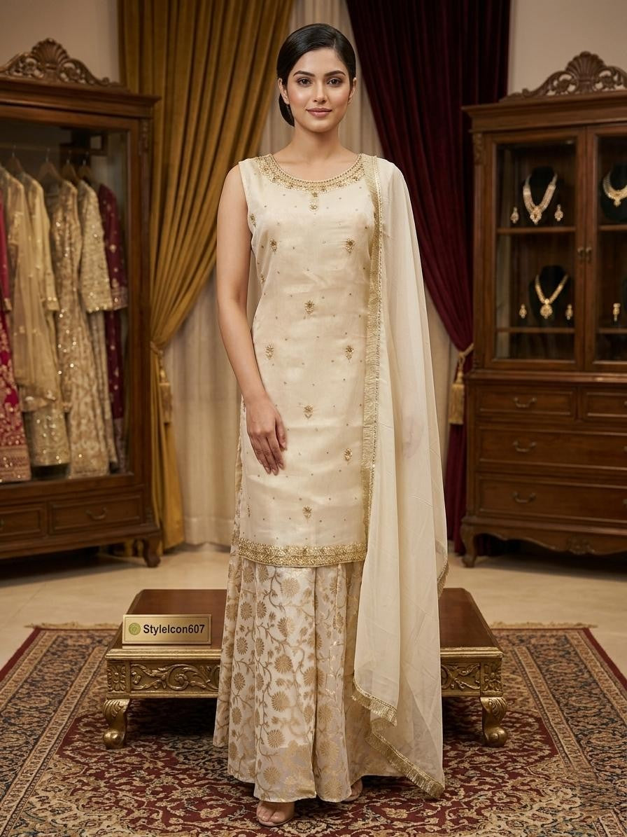 Elegant Embroidered Sleeveless Kurta Palazzo Set with Dupatta