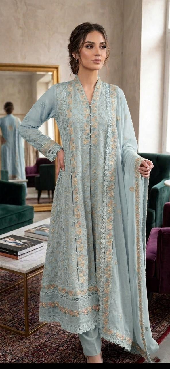 Elegant Chiffon Embroidered 3 Piece Frock – Luxury Formal Wear for Women