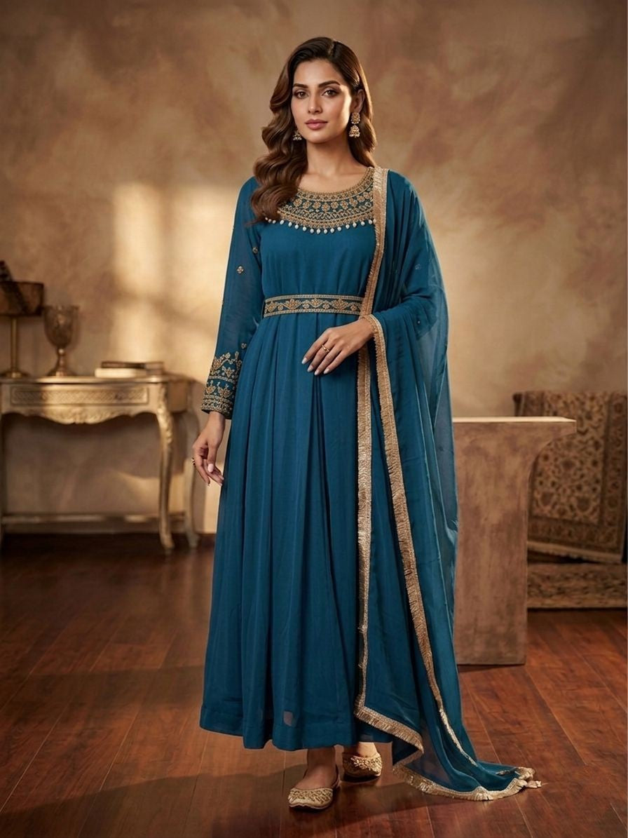 Chiffon Handwork Long Frock with Chiffon Dupatta & Malai Trouser | Elegant Festive Wear for Women
