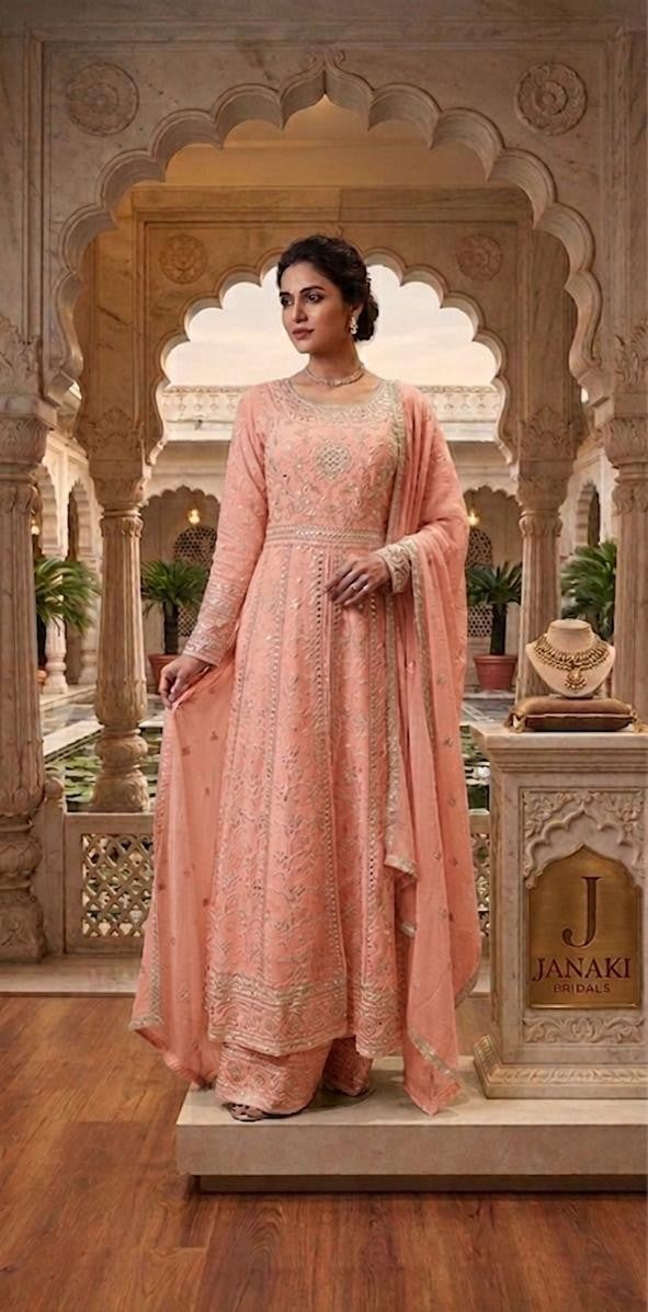 Elegant Ivory Chiffon Maxi Dress with Embroidered Detailing & Dupatta
