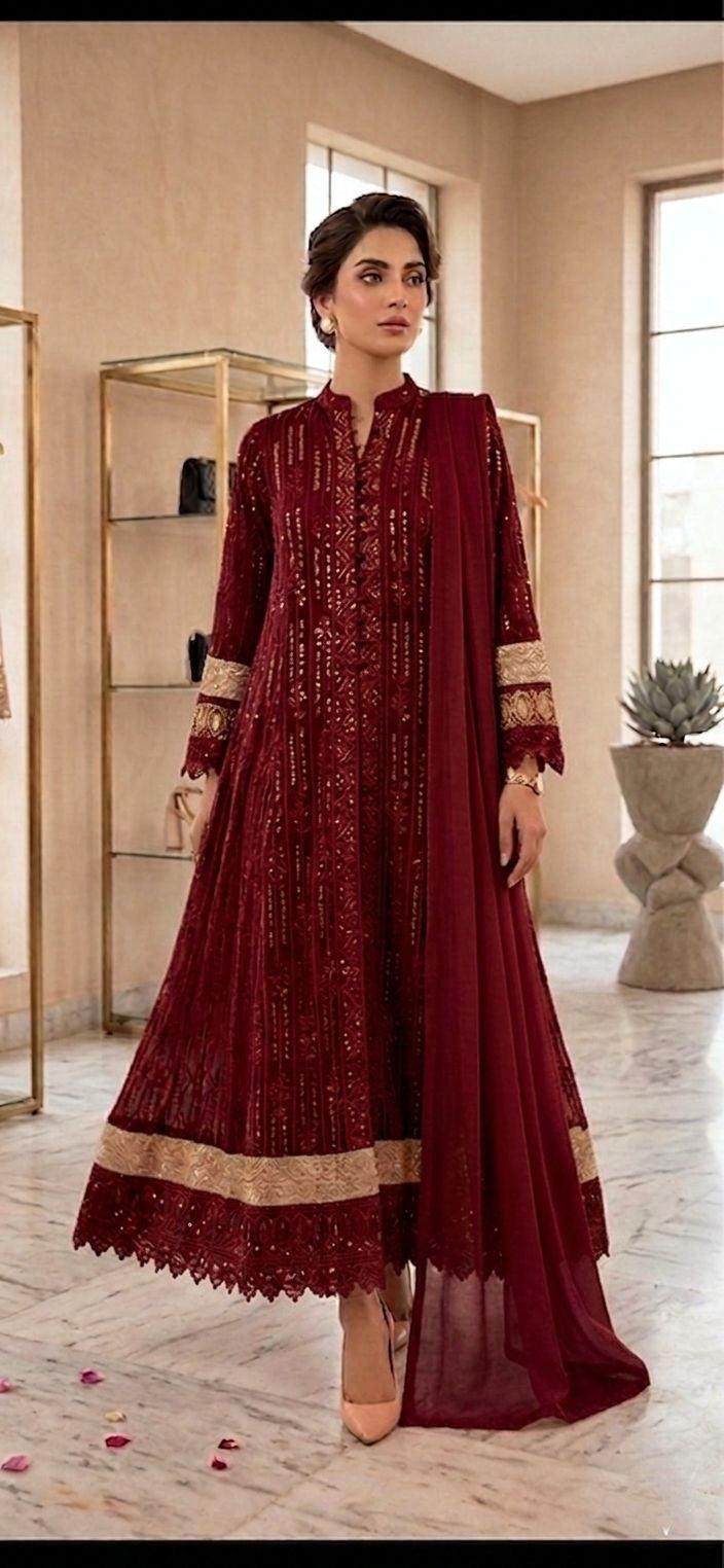 Elegant Chiffon Embroidered Maxi Dress – 3 Piece Formal Suit for Women