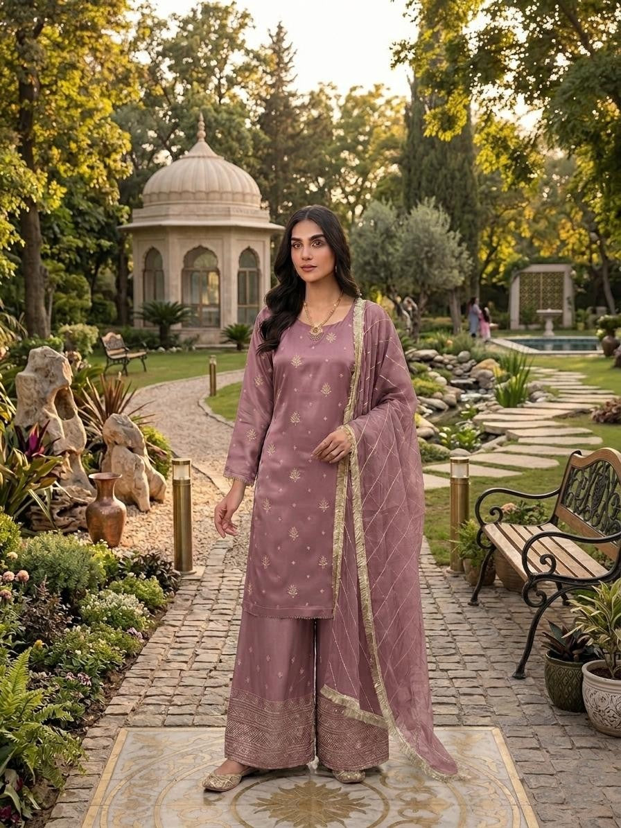 Elegant Ivory Silk Embroidered Suit with Embroidered Dupatta – Festive & Wedding Wear\