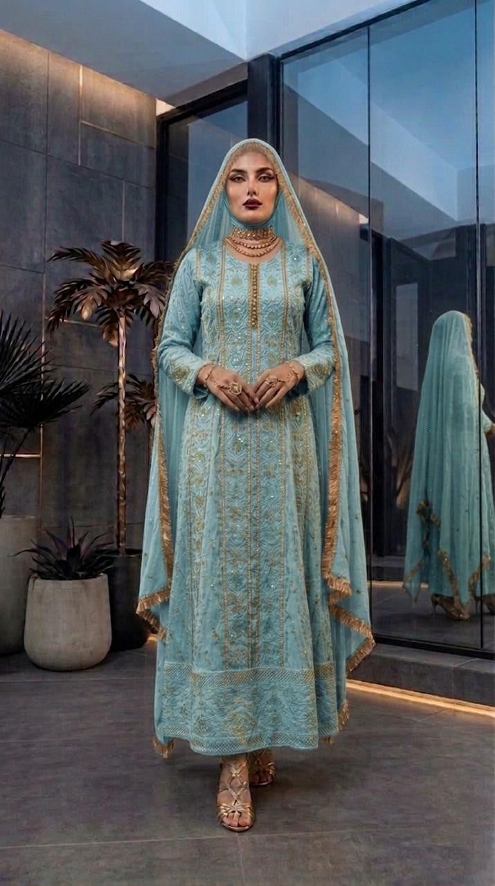 Luxury Chiffon Maxi Dress with Heavy Embroidery & Dupatta