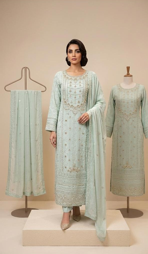 Elegant Chiffon Embroidered Long Frock with Chiffon Dupatta & Malai Trouser – Premium Formal Wear for Women