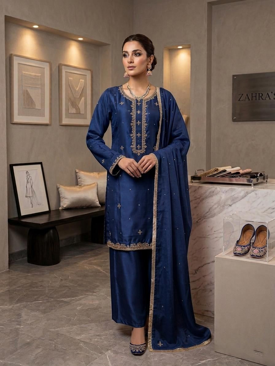 Silk Fabric Handwork Kurta Set with Chiffon Dupatta & Silk Palazzo | Elegant Ethnic Wear for Women