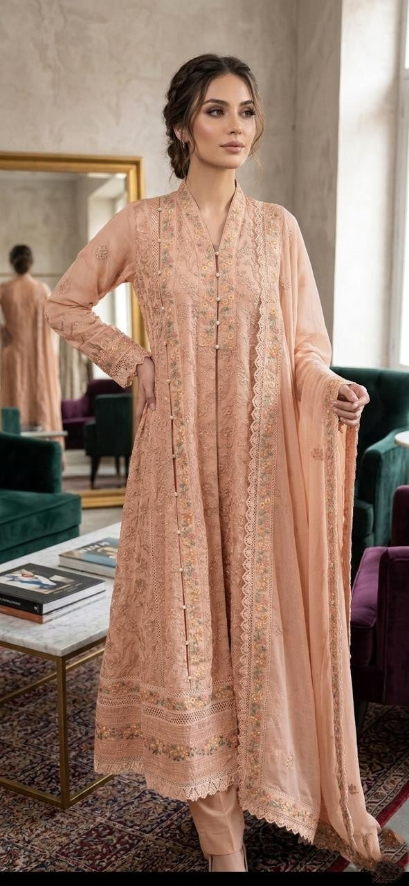 Elegant Chiffon Embroidered 3 Piece Frock – Luxury Formal Wear for Women