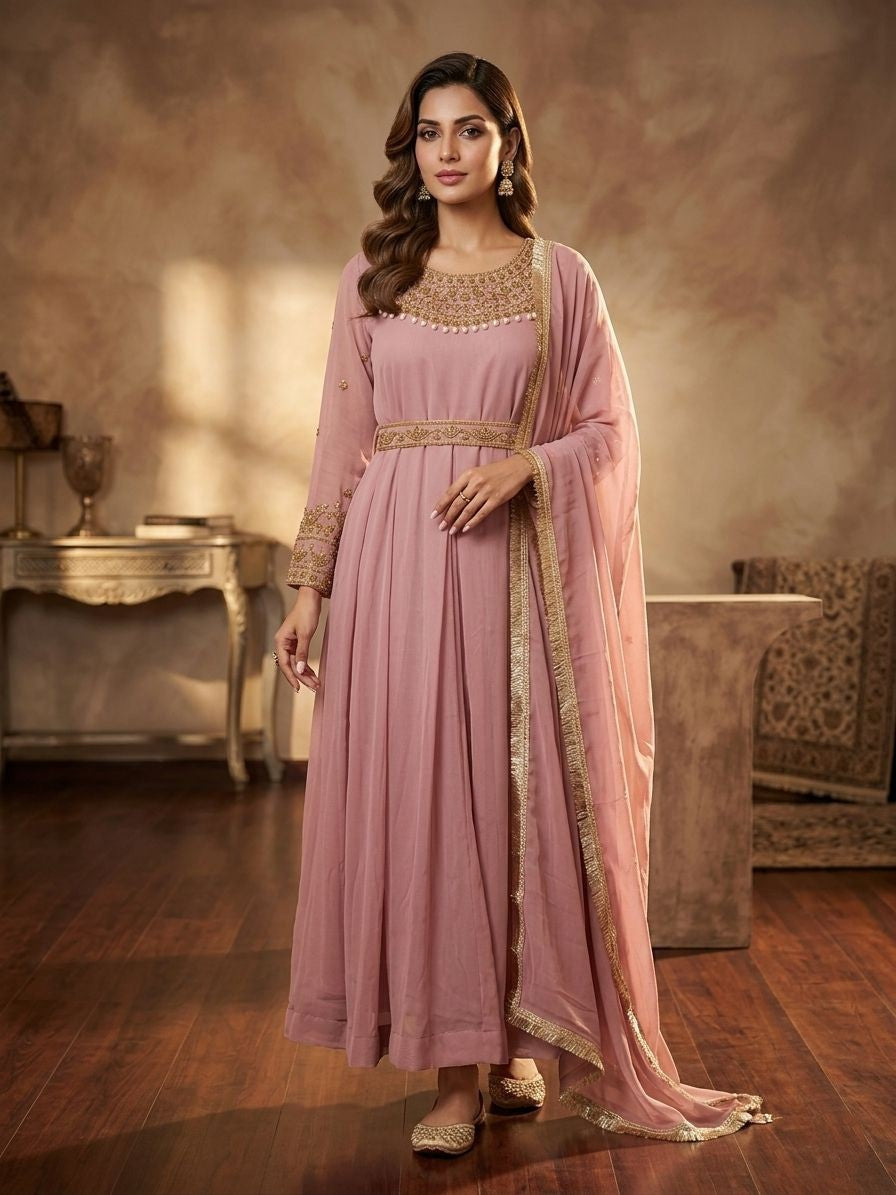 Chiffon Handwork Long Frock with Chiffon Dupatta & Malai Trouser | Elegant Festive Wear for Women
