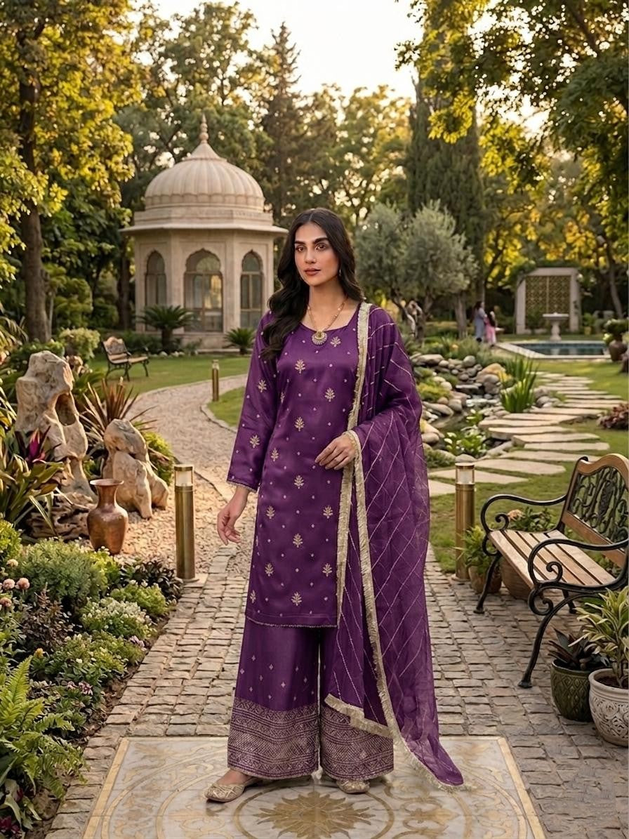 Elegant Ivory Silk Embroidered Suit with Embroidered Dupatta – Festive & Wedding Wear\